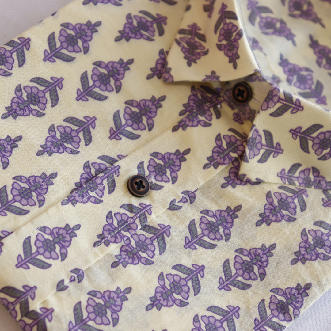 Purple Printed Short Sleeve Cotton Shirt