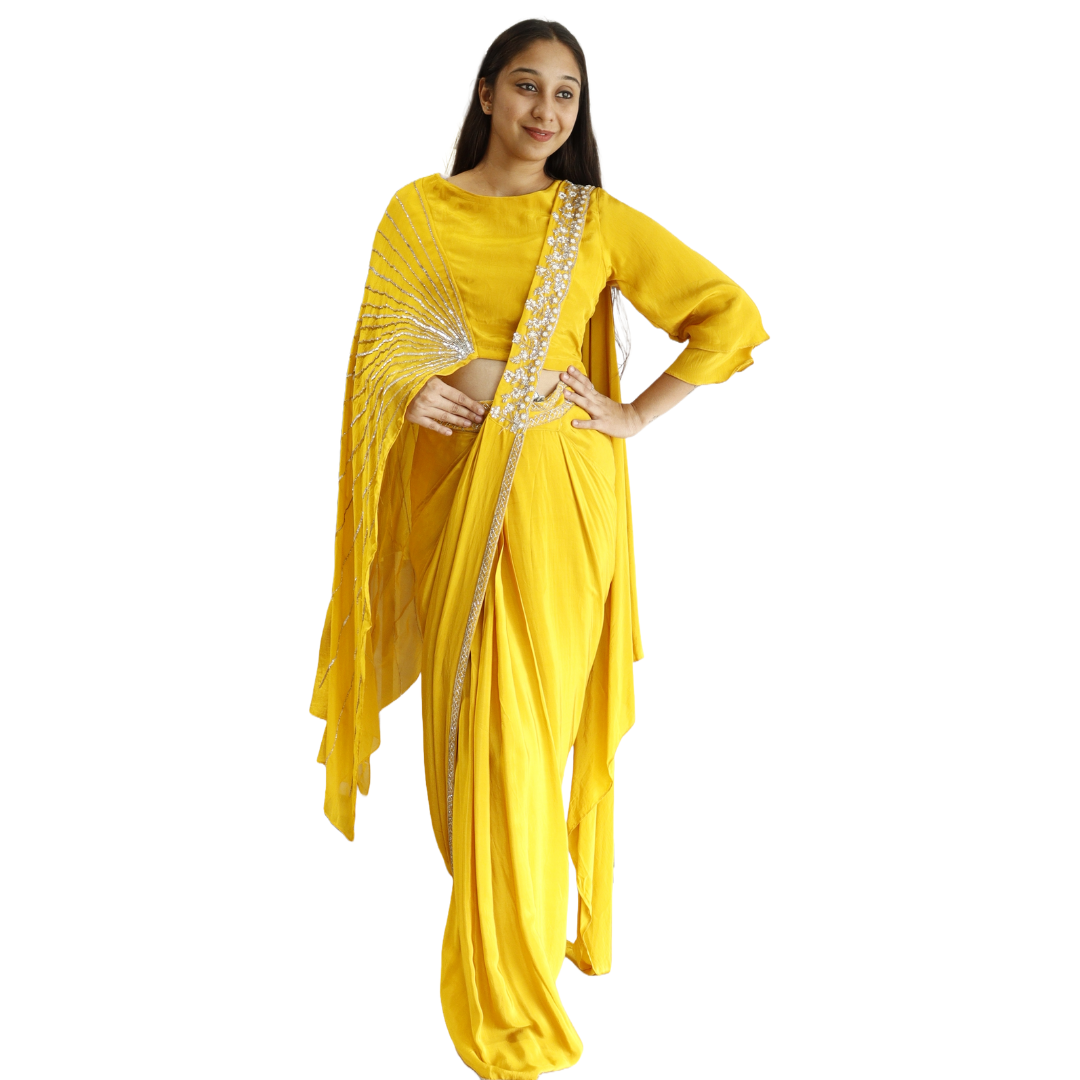 Yellow Drape Saree With Belt