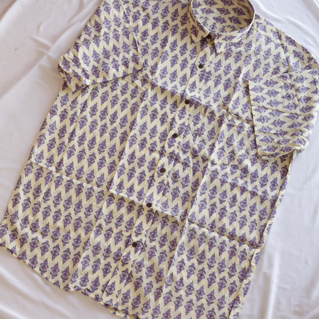 Purple Printed Short Sleeve Cotton Shirt