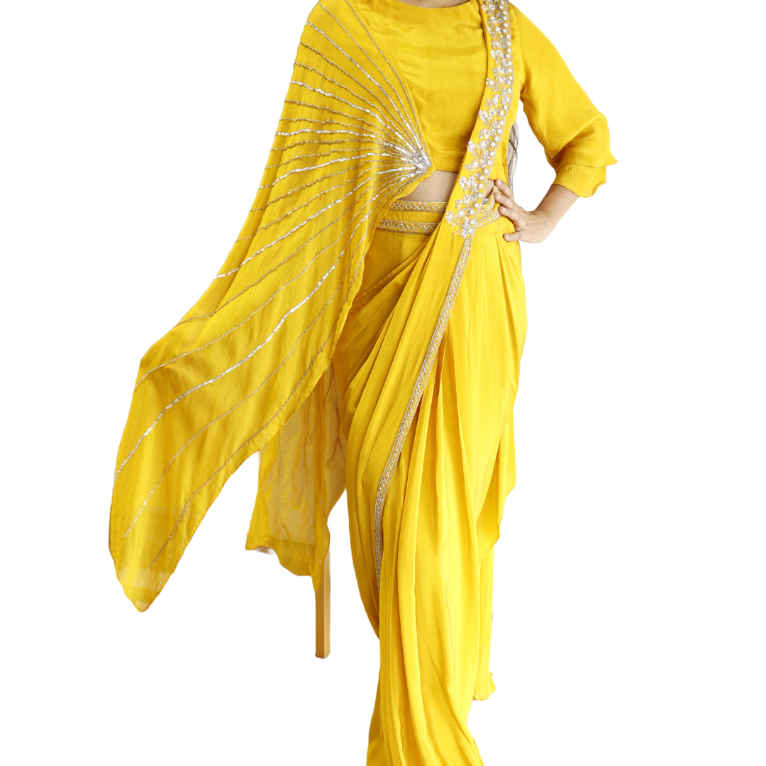 Yellow Drape Saree With Belt