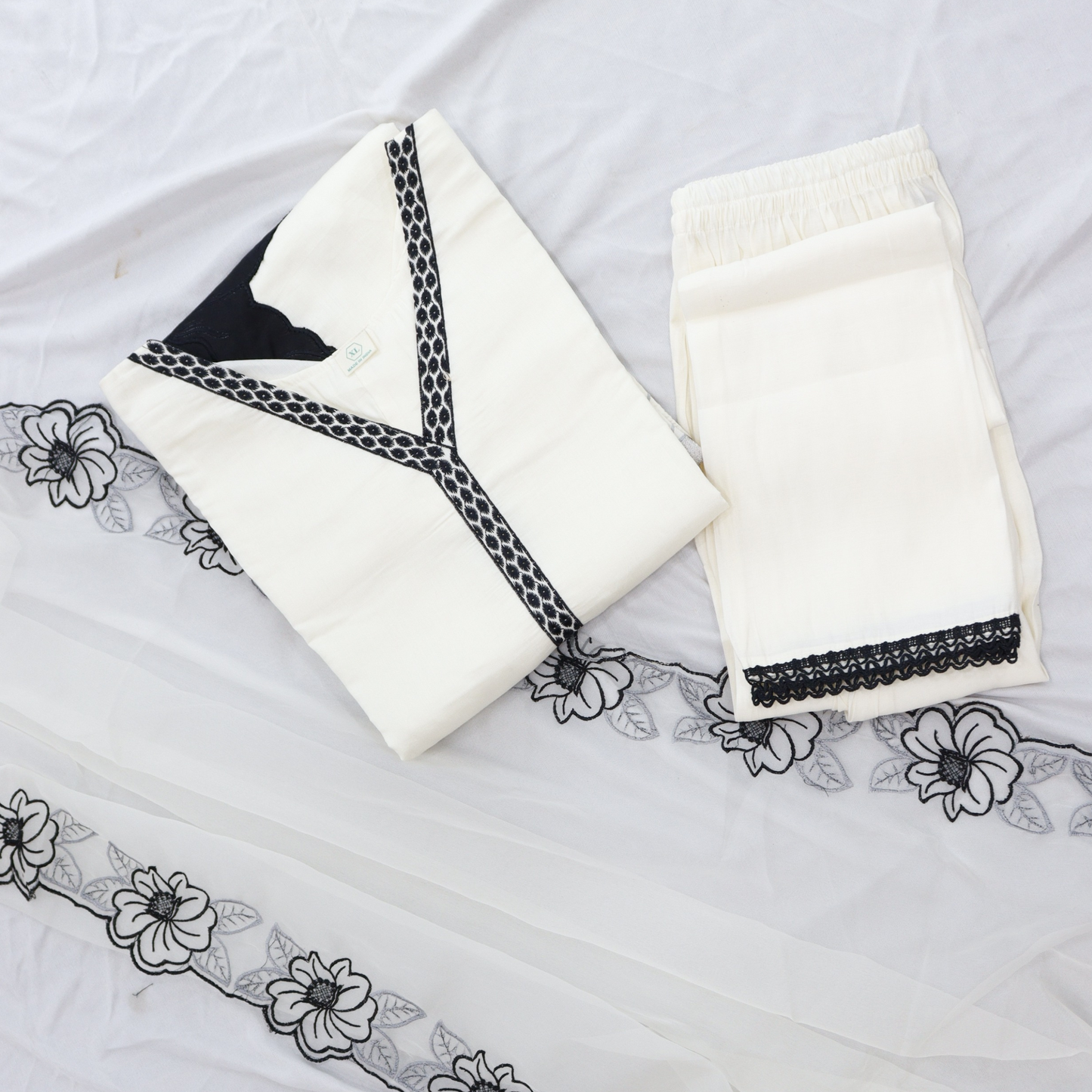 White & Black Hand Embroidered Suit Set
