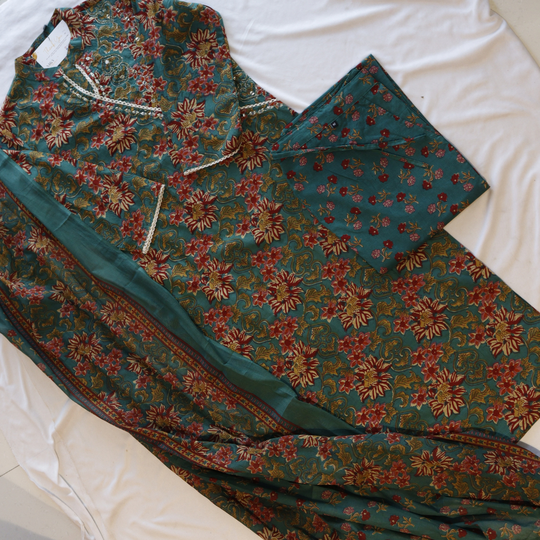 Rama Green Printed Angrakha Suit Set