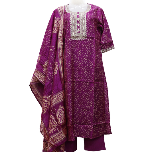 Purple traditional outfit with intricate patterns on a white background. Bandhej Print Purple Suit Set - Buy Online | M&Y Pehnava