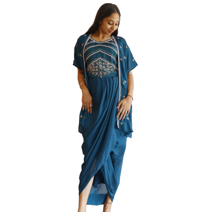 Royal Blue Beads Work Gown With Shrug