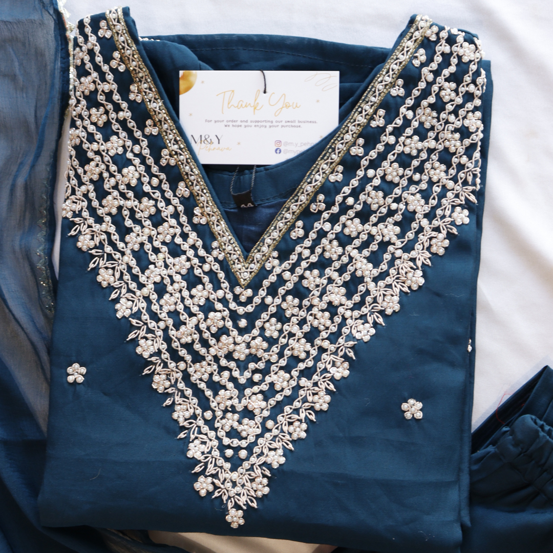 Navy Blue Beads Calcutta Work Suit Set