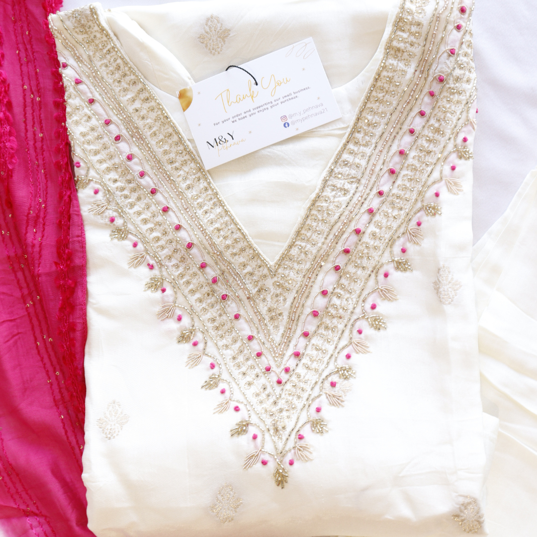 Cream & Pink Beads Work Silk Suit Set