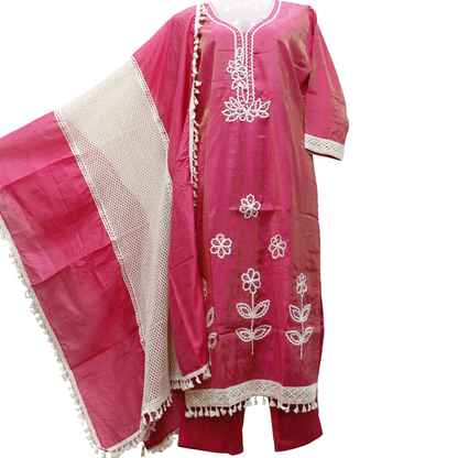 Pink traditional outfit with white embroidery on a white background. Best Selling Punjabi Shimmer Suit Set - Buy Online | M&Y Pehnava