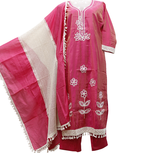 Pink traditional outfit with white embroidery on a white background. Best Selling Punjabi Shimmer Suit Set - Buy Online | M&Y Pehnava
