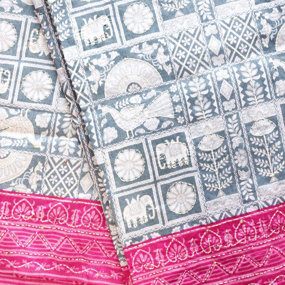 Linen Cotton With Kantha Work Saree