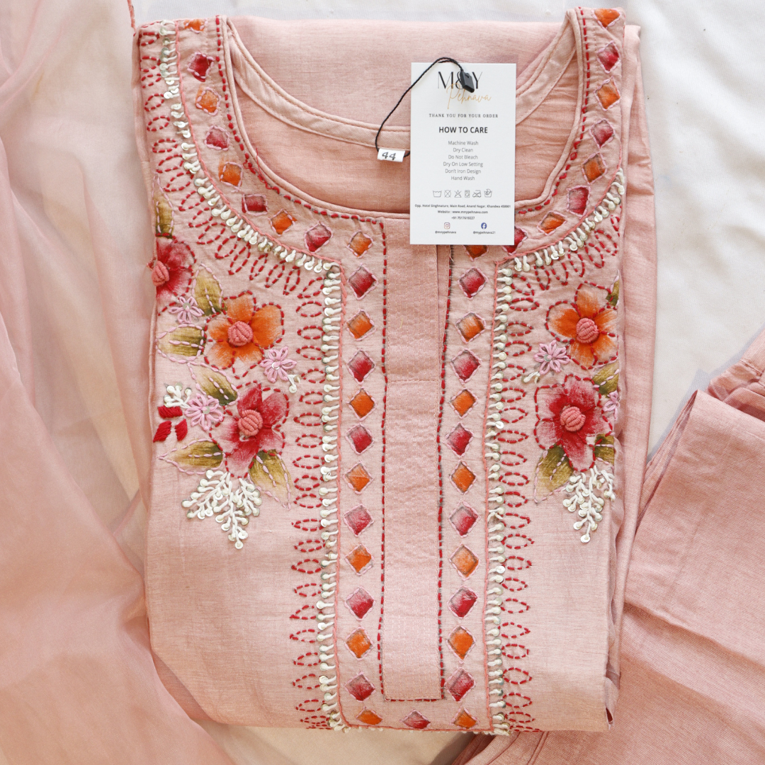 Peach French Knot Stitch Suit Set