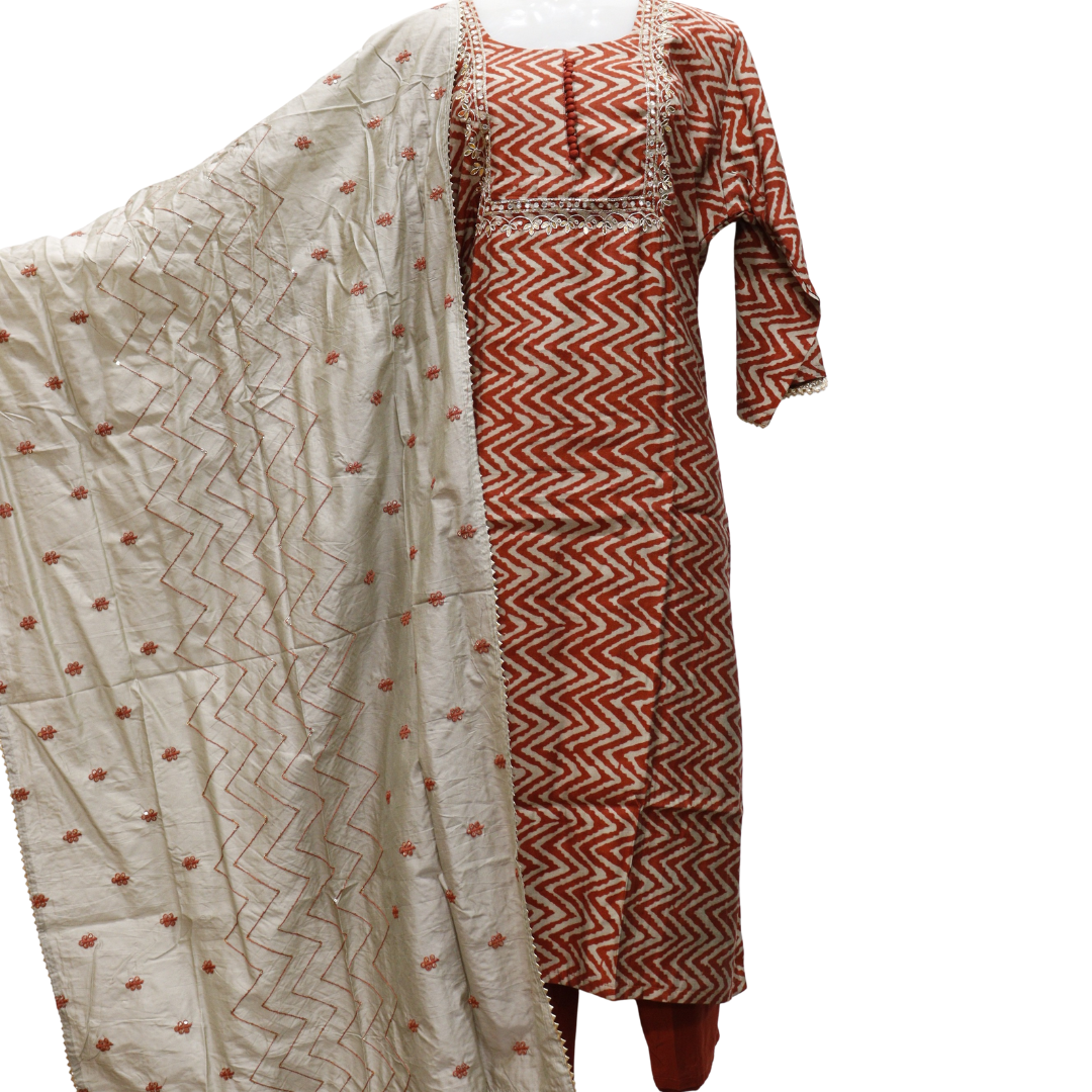 Plus Size Leheriya Brown Suit Set in Silk Fabric | M&Y Pehnava