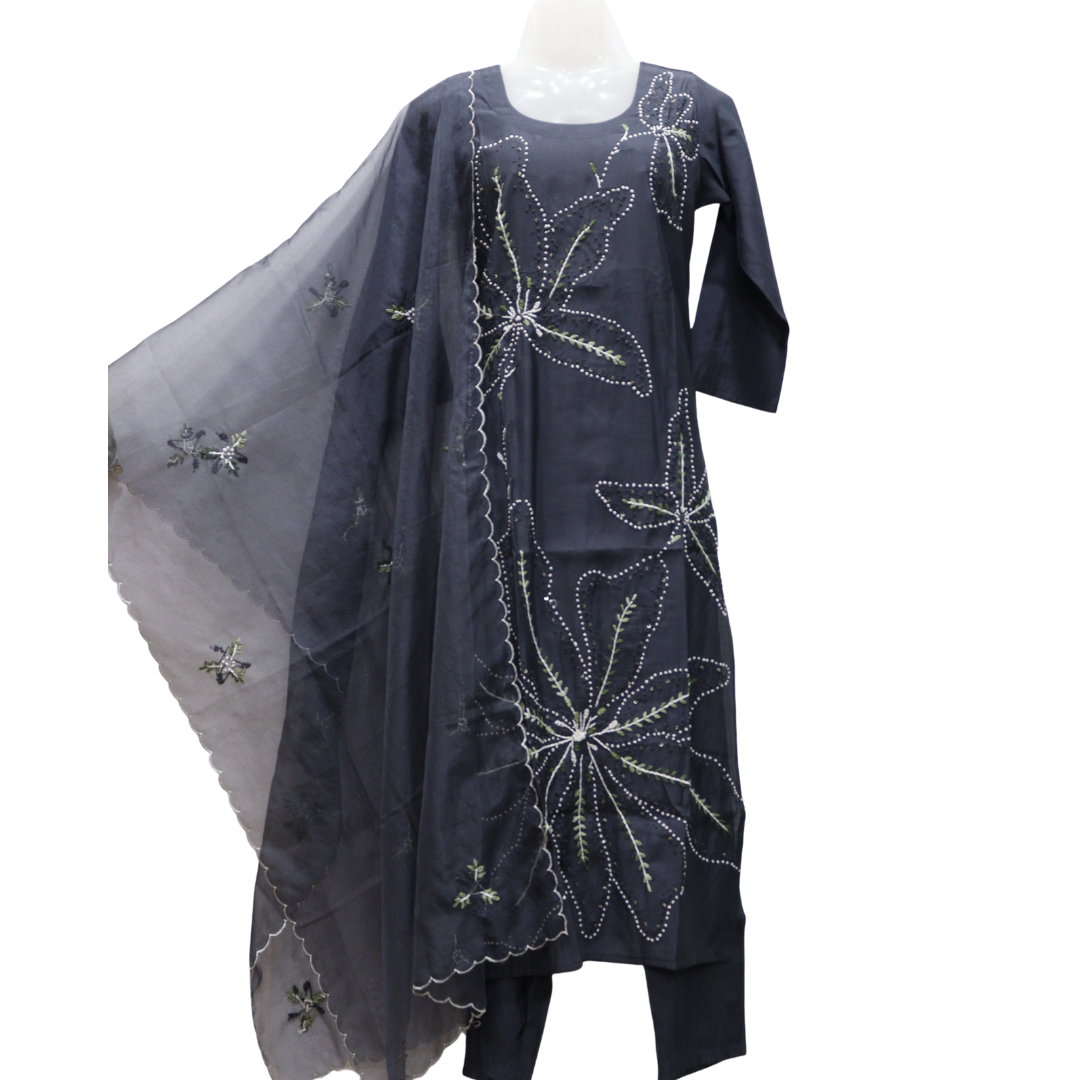 Grey Knot Stitch Silk Suit Set for Women | M&Y Pehnava