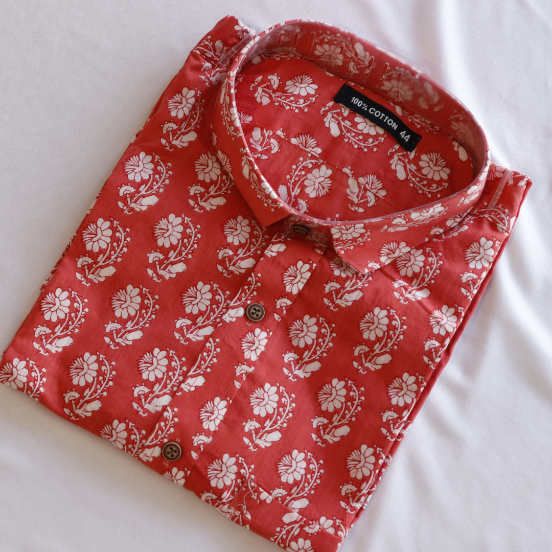Red Printed Short Sleeve Cotton Shirt