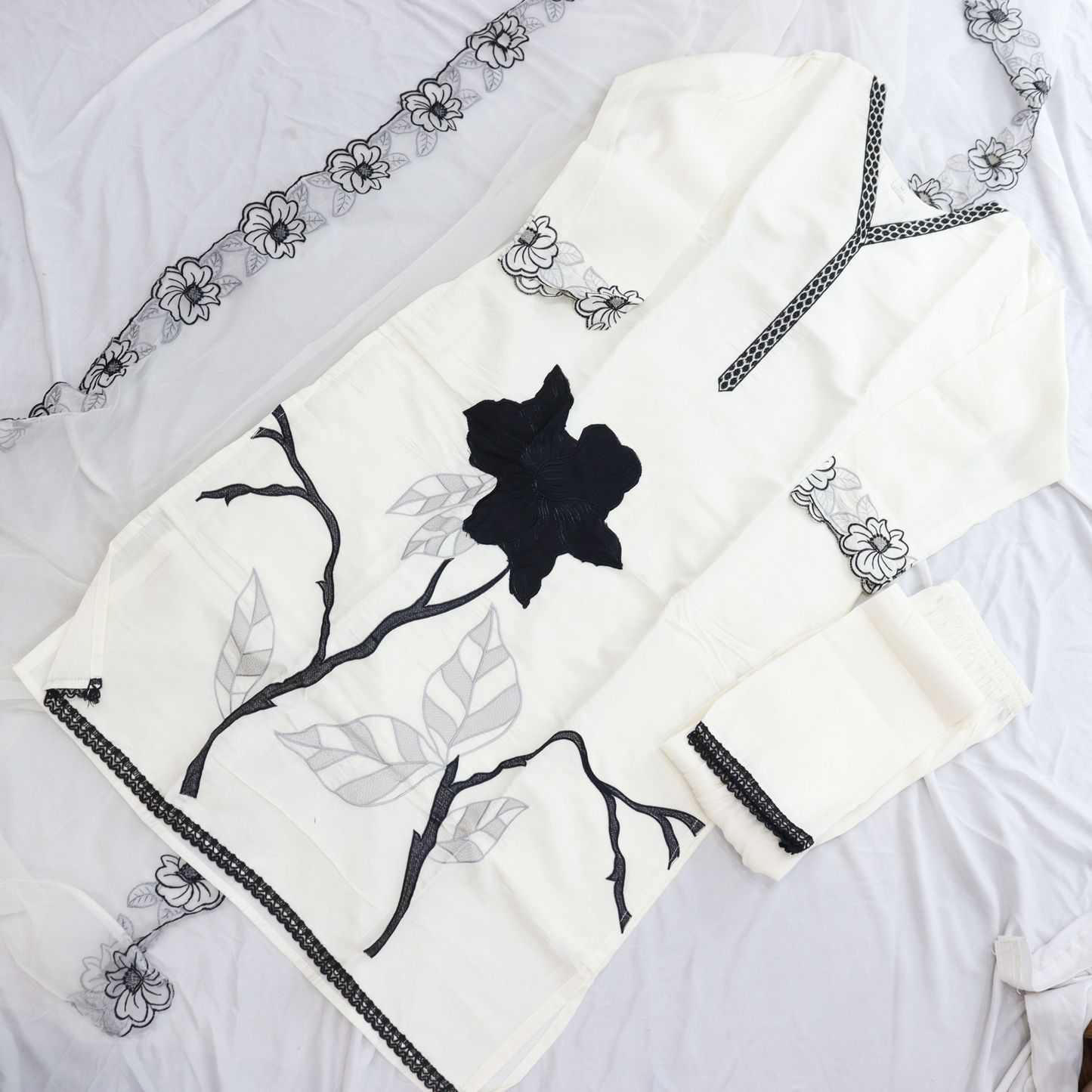 White & Black Hand Embroidered Suit Set
