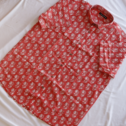 Red Printed Short Sleeve Cotton Shirt