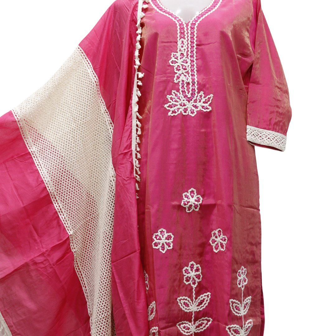 Pink traditional outfit with white embroidery on a white background. Best Selling Punjabi Shimmer Suit Set - Buy Online | M&Y Pehnava