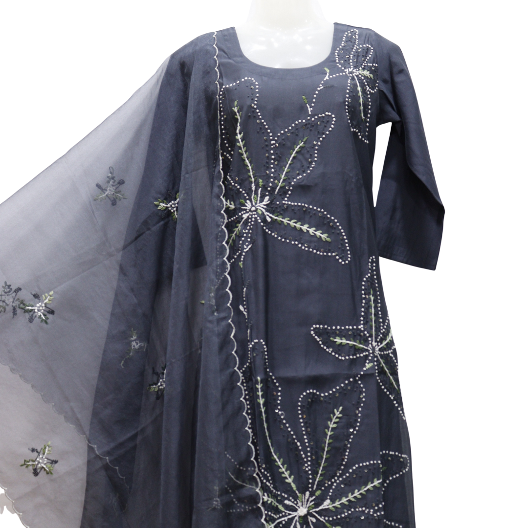 Grey Knot Stitch Silk Suit Set for Women | M&Y Pehnava