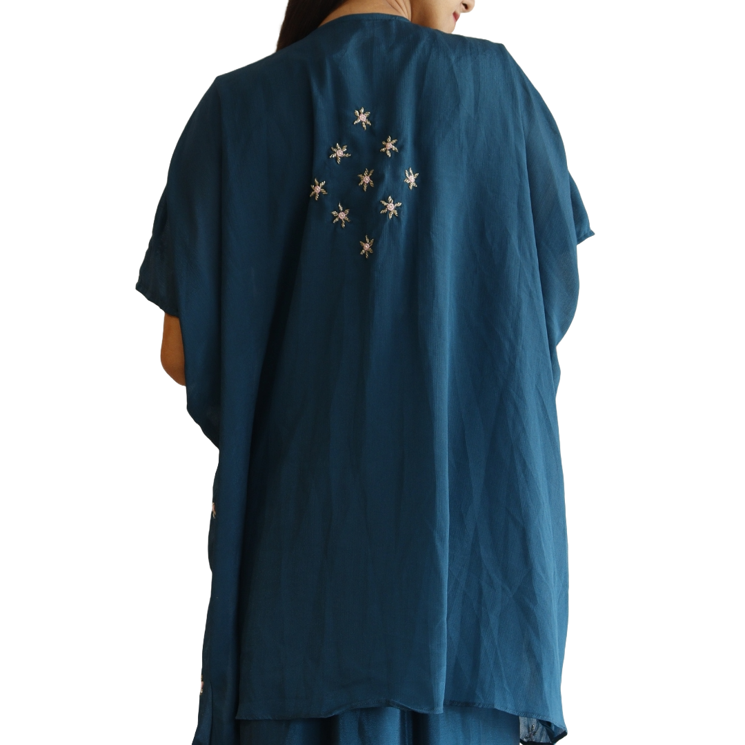 Royal Blue Beads Work Gown With Shrug