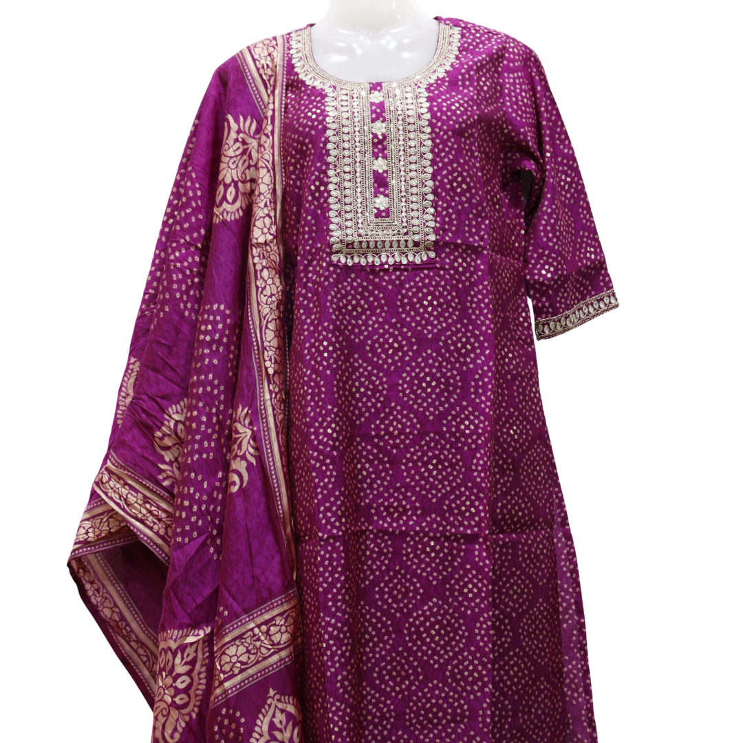 Purple traditional outfit with intricate patterns on a white background. Bandhej Print Purple Suit Set - Buy Online | M&Y Pehnava