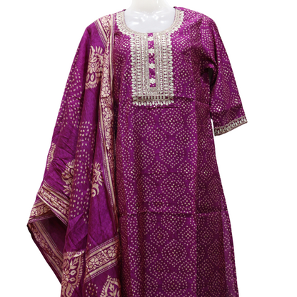 Purple traditional outfit with intricate patterns on a white background. Bandhej Print Purple Suit Set - Buy Online | M&Y Pehnava