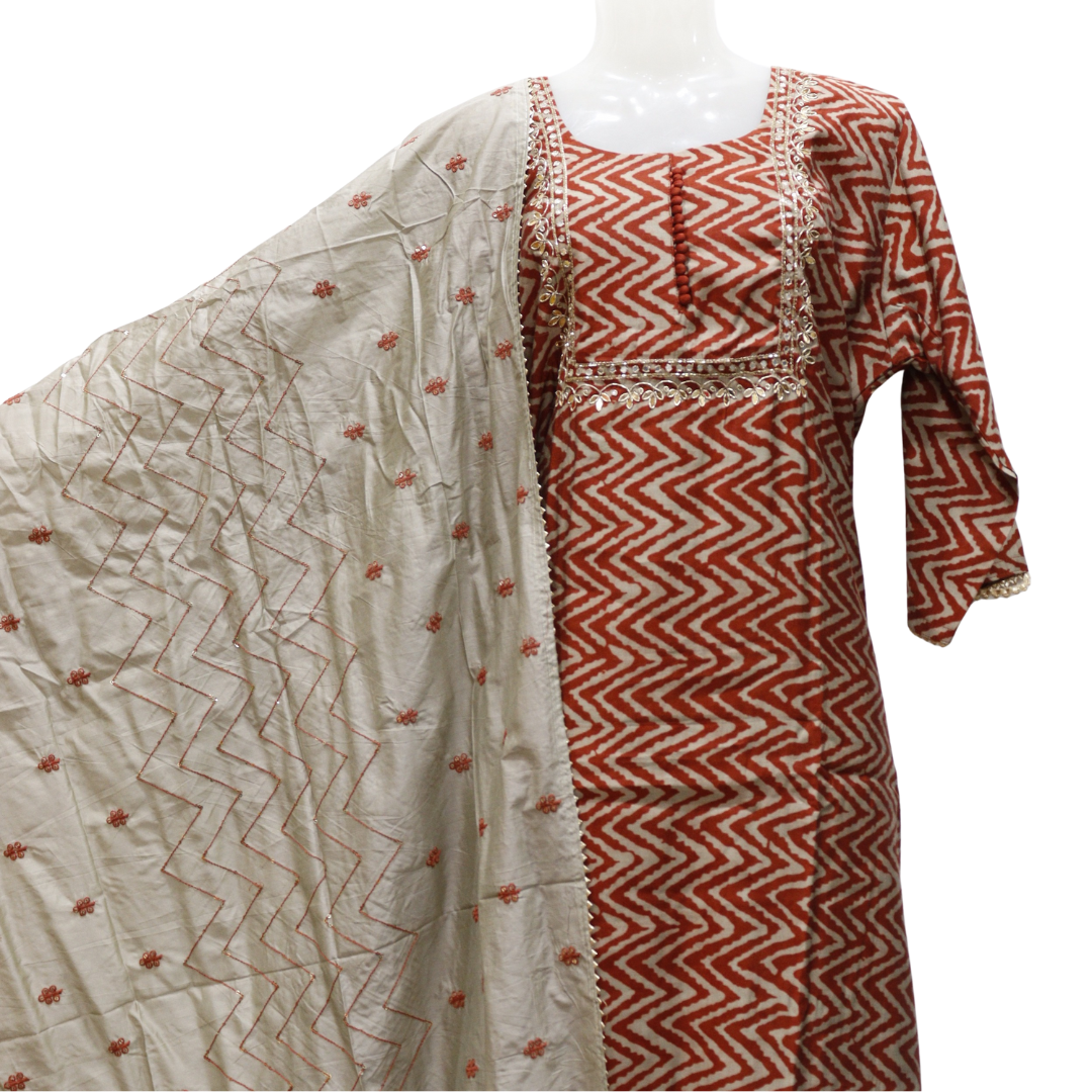 Plus Size Leheriya Brown Suit Set in Silk Fabric | M&Y Pehnava