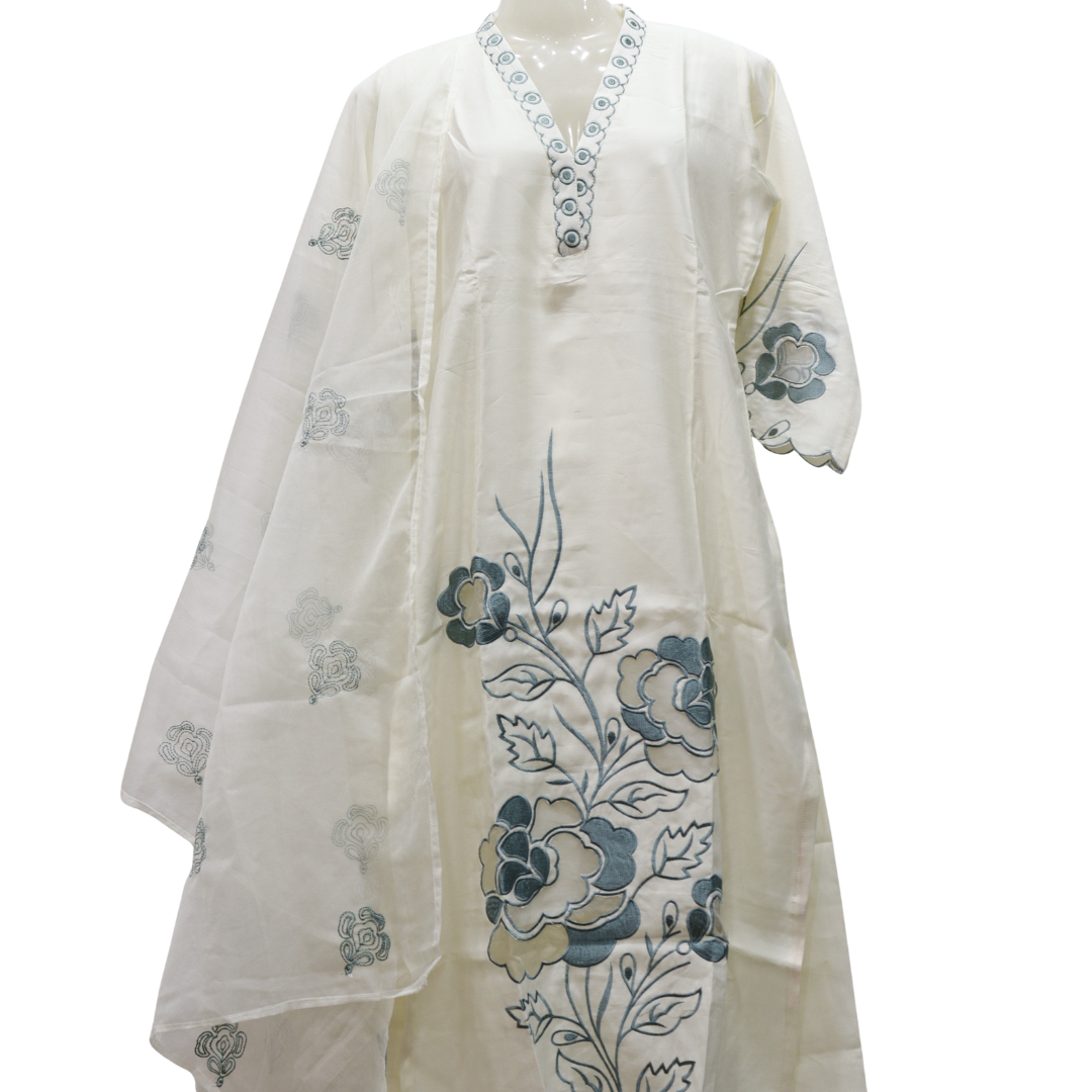 White dress with floral embroidery on a white background