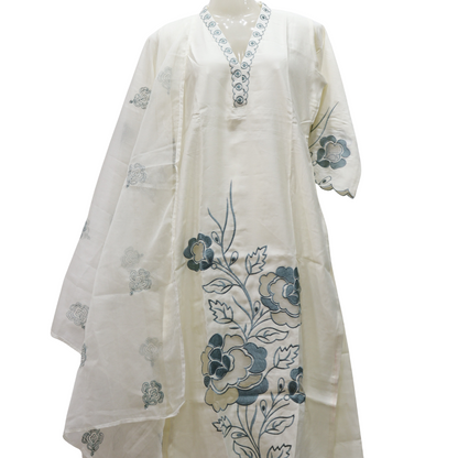 White dress with floral embroidery on a white background