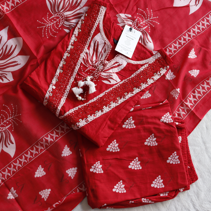 Red Mulmul Cotton Semi Palazzo Set