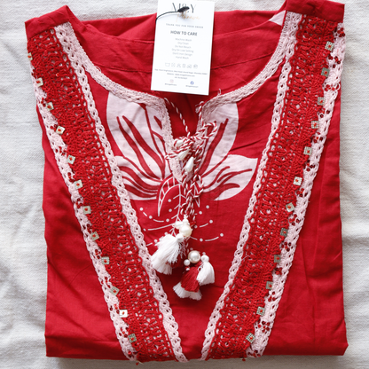 Red Mulmul Cotton Semi Palazzo Set