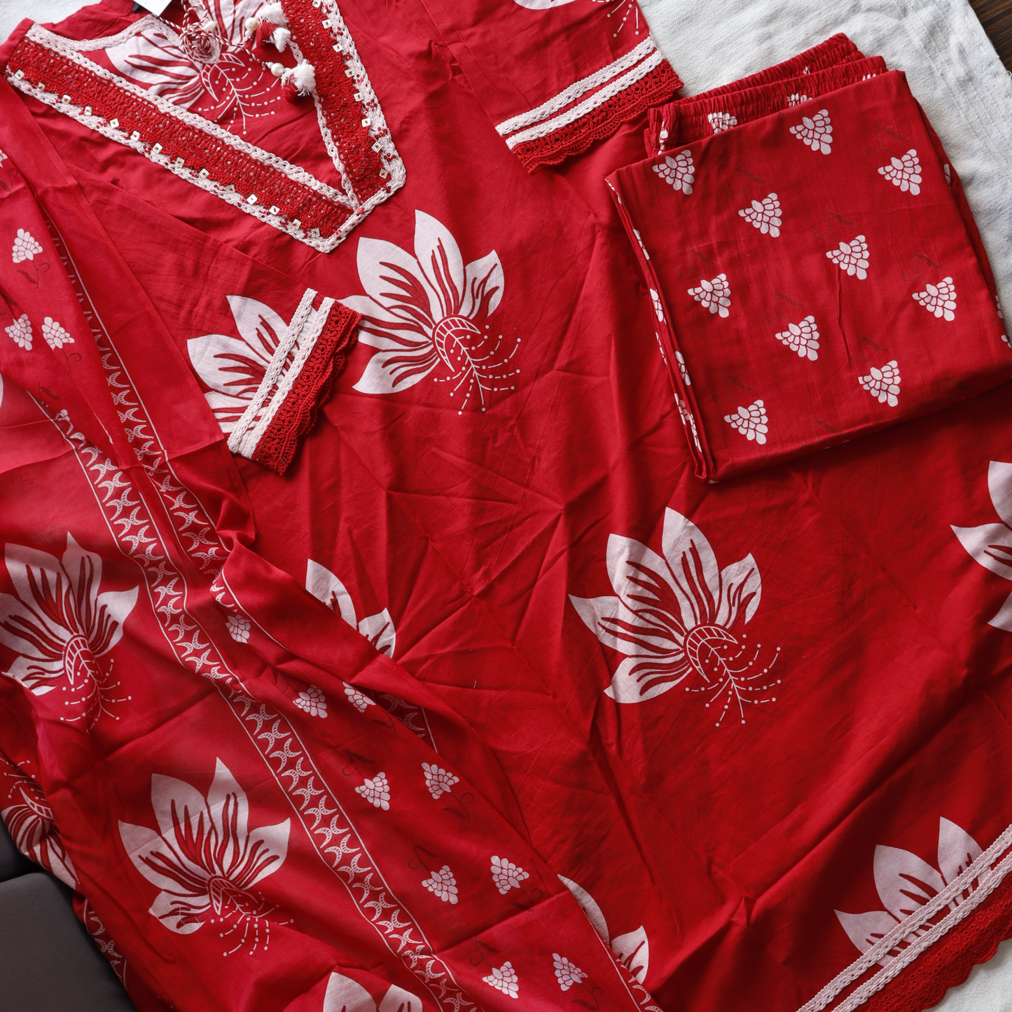 Red Mulmul Cotton Semi Palazzo Set