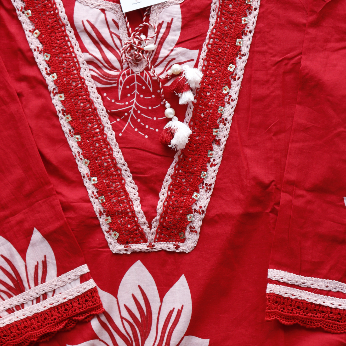 Red Mulmul Cotton Semi Palazzo Set