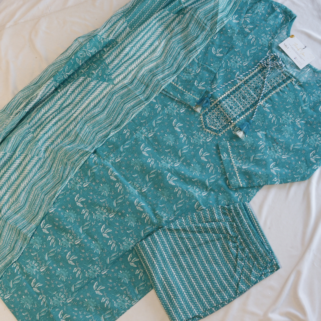 Aqua Blue Block Print Cotton Suit Set