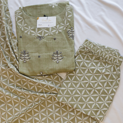 Olive Green Cotton Printed Suit Set