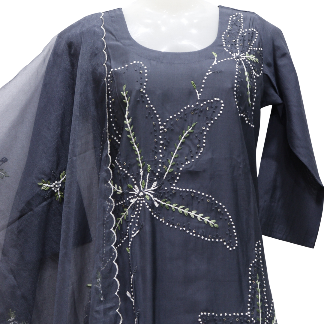 Grey Knot Stitch Silk Suit Set for Women | M&Y Pehnava