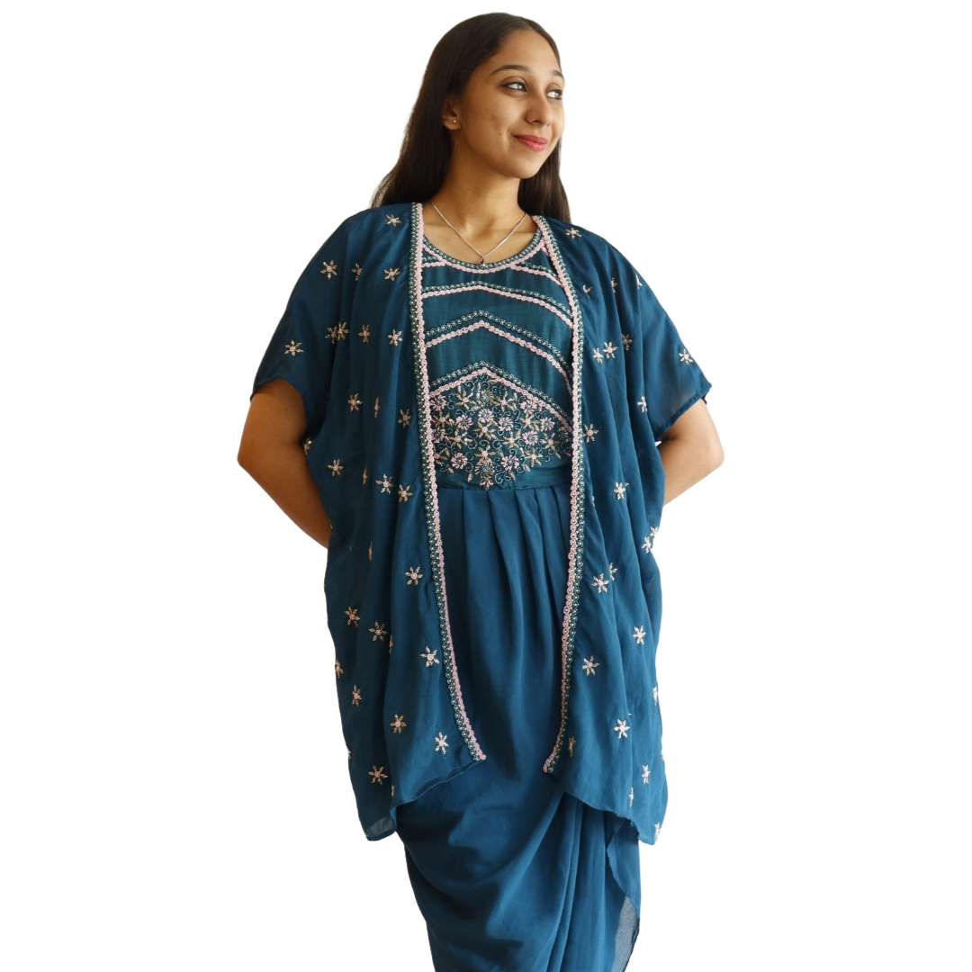 Royal Blue Beads Work Gown With Shrug