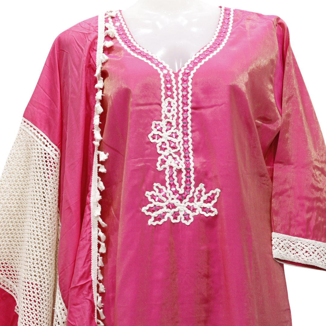 Pink traditional outfit with white embroidery on a white background. Best Selling Punjabi Shimmer Suit Set - Buy Online | M&Y Pehnava