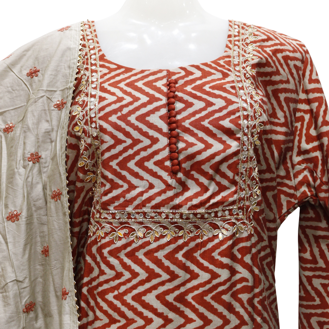 Plus Size Leheriya Brown Suit Set in Silk Fabric | M&Y Pehnava