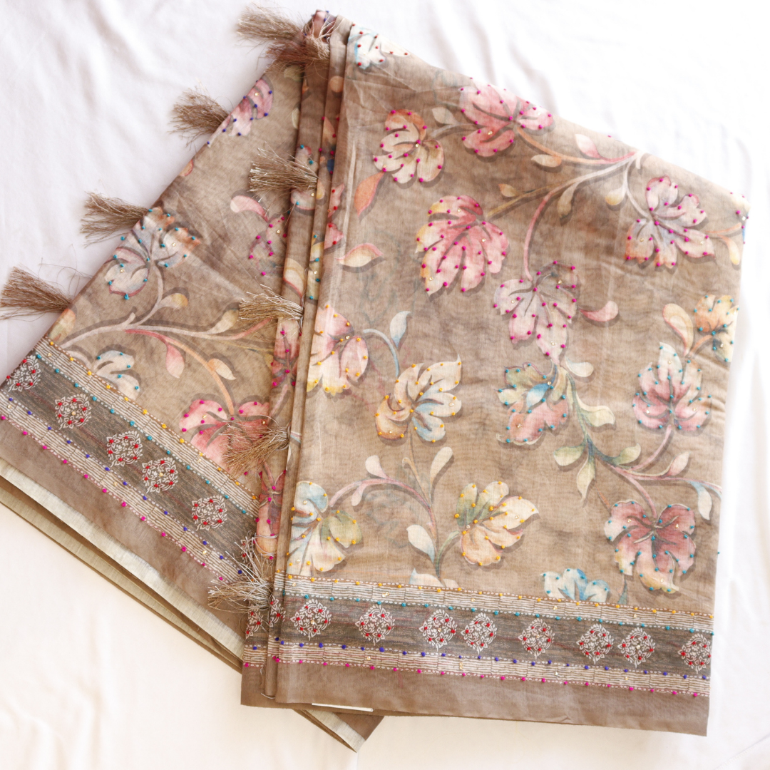 Linen Kalamkari Knot Stitch Saree