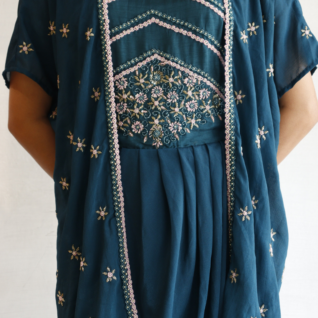 Royal Blue Beads Work Gown With Shrug