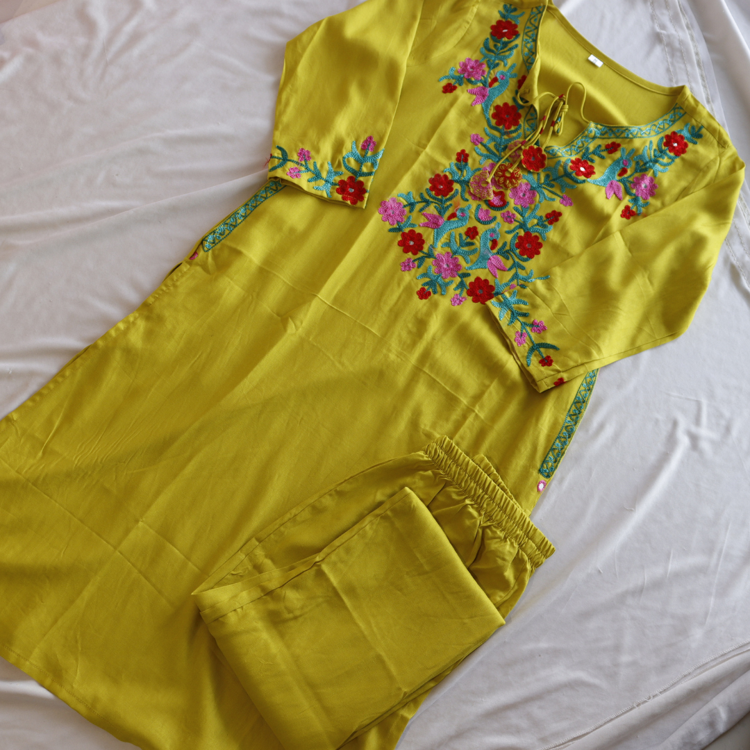 Embroidered Neon Green Palazzo Co-Ord Set