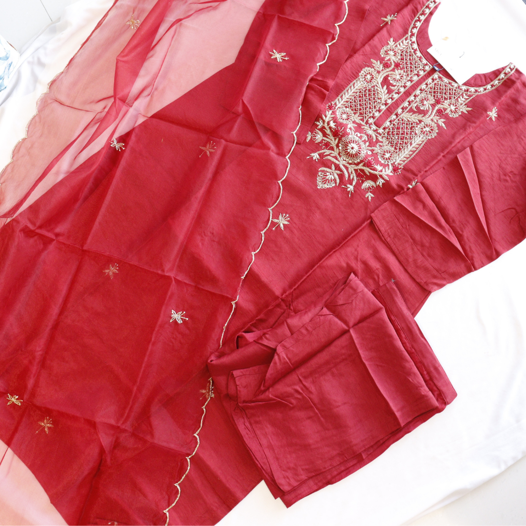 Maroon Beads Work Silk Suit Set