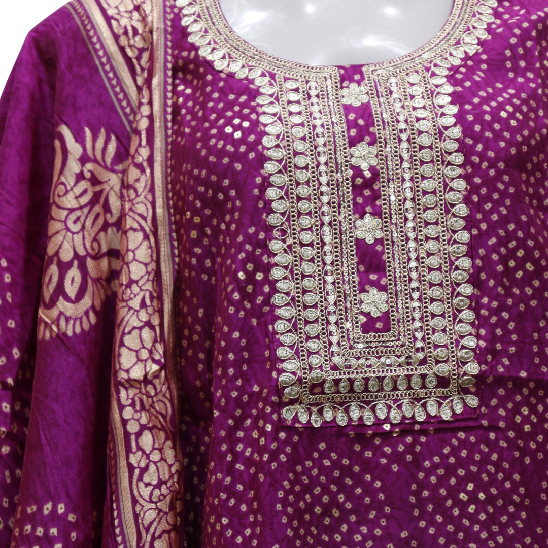 Purple traditional outfit with intricate patterns on a white background. Bandhej Print Purple Suit Set - Buy Online | M&Y Pehnava