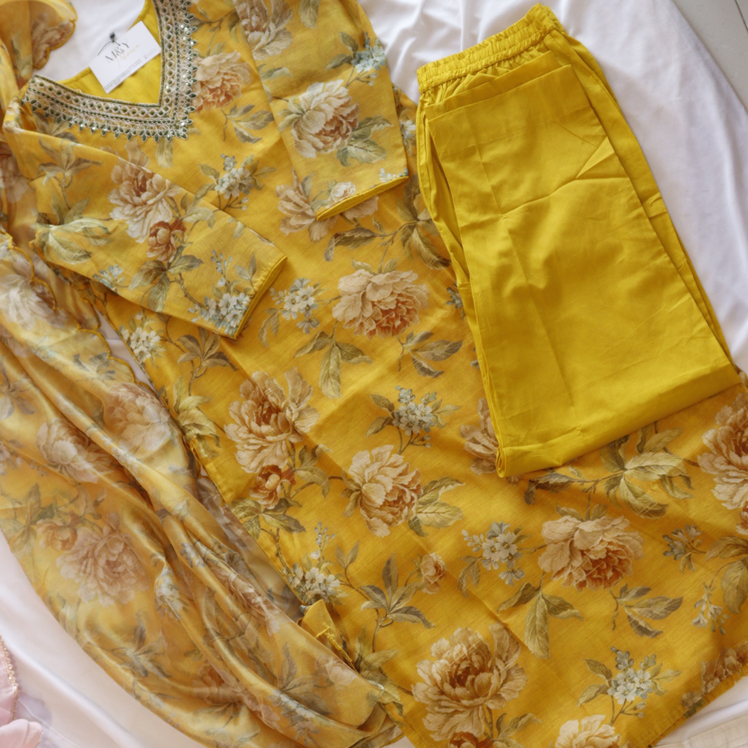 Mustard Organza Floral Printed Suit