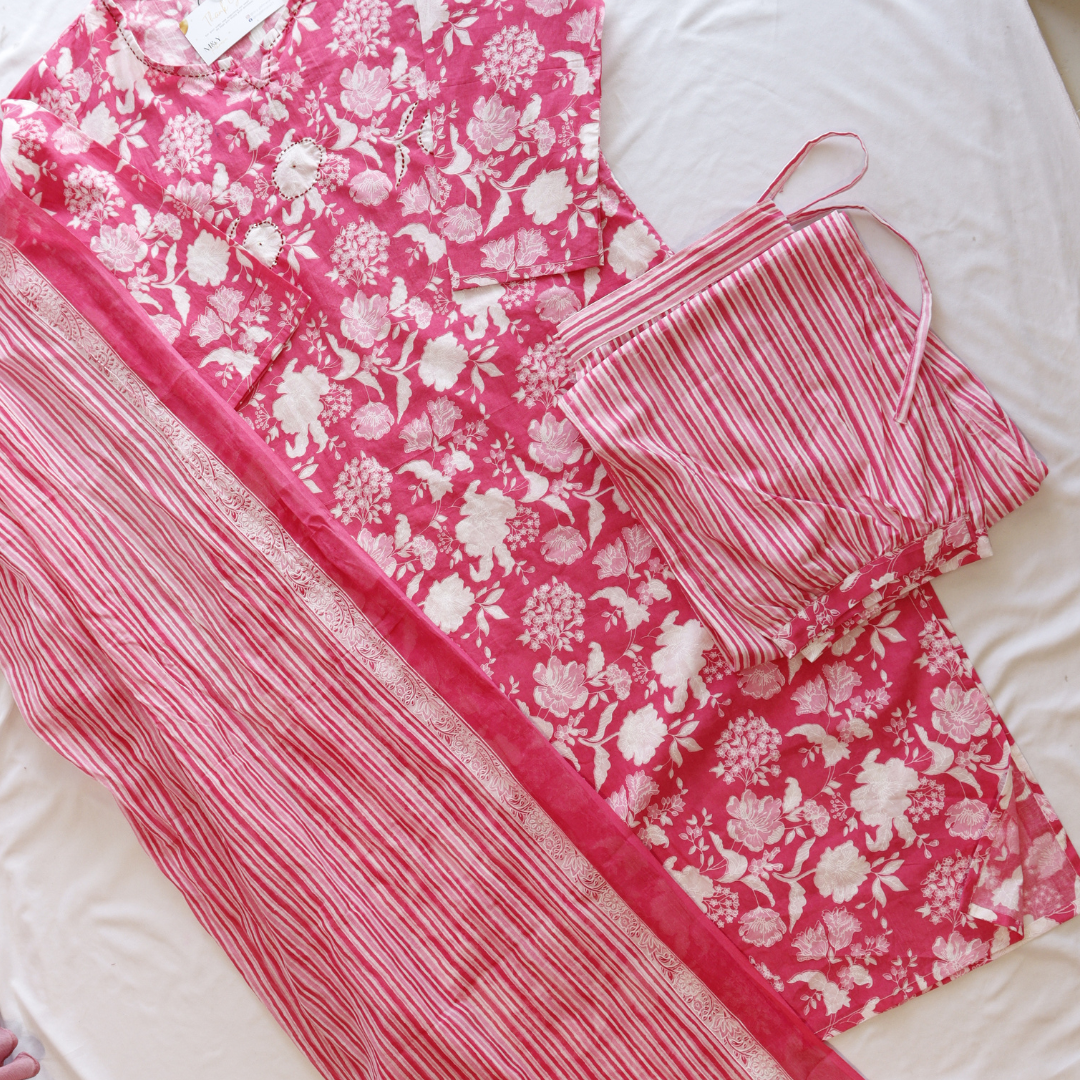 Pink Floral Print Cotton Suit Set