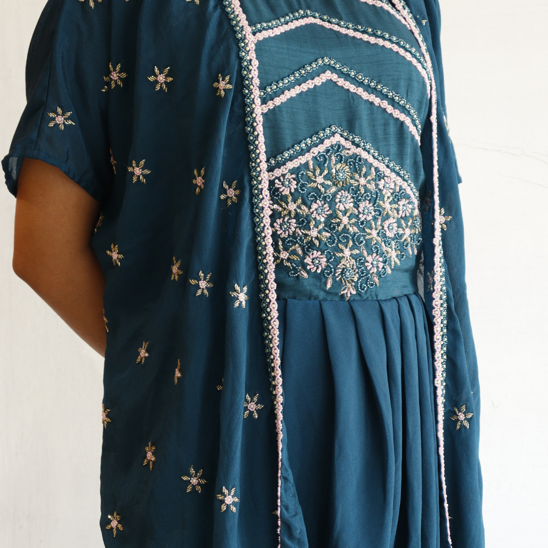 Royal Blue Beads Work Gown With Shrug