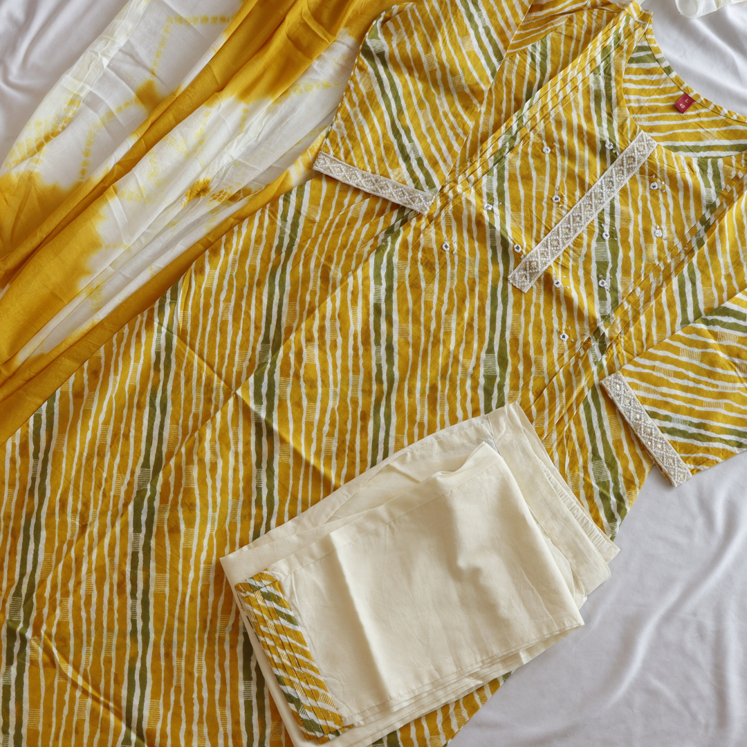 Yellow Pure Cotton Leheriya Suit Set