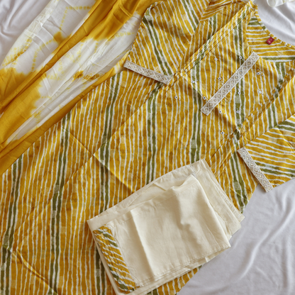 Yellow Pure Cotton Leheriya Suit Set