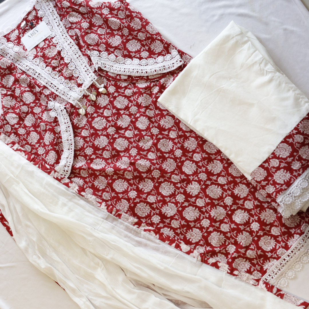 Red White Pakistani Cotton Suit Set - M&Y Pehnava