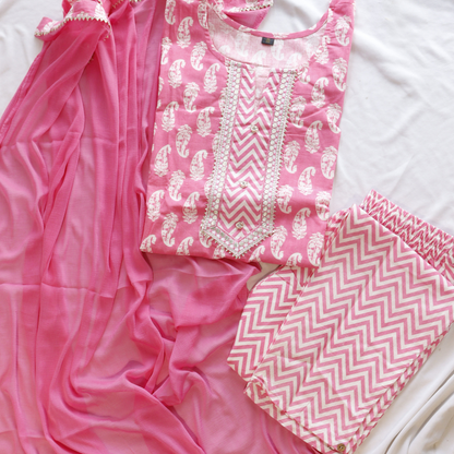 Pure Cotton Pink Block Print Suit Set