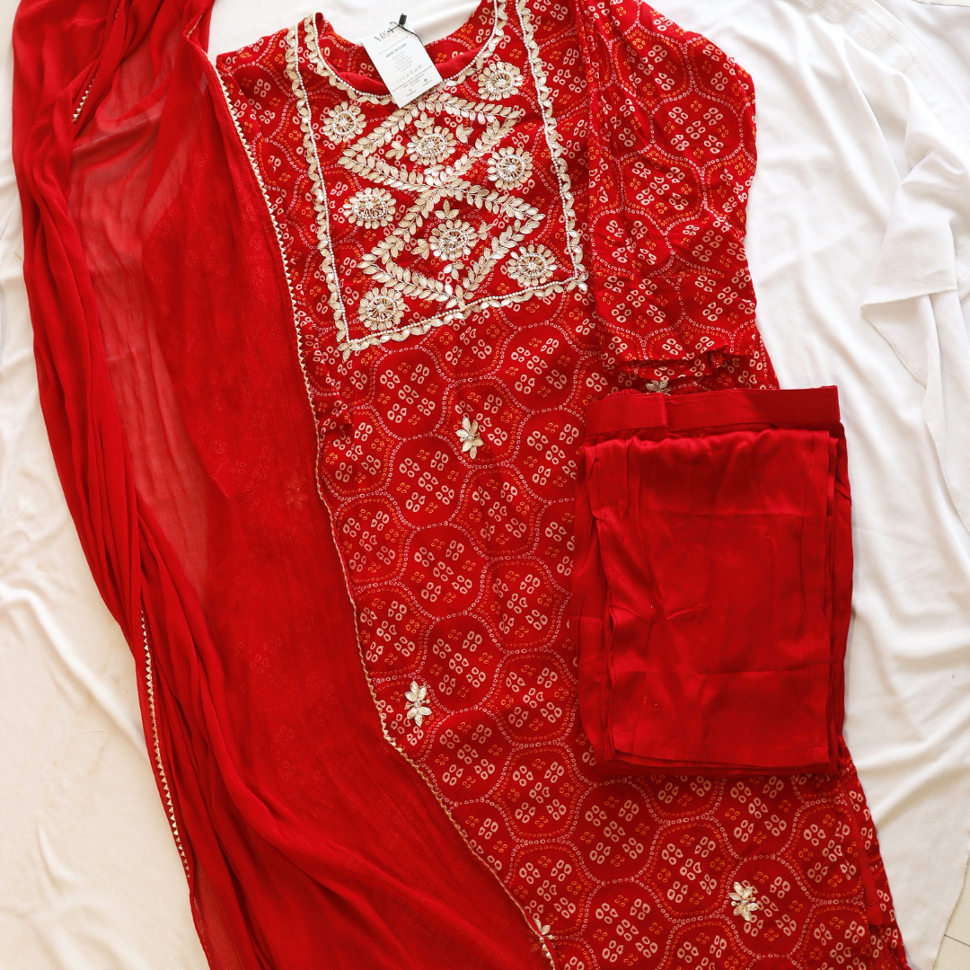 Red Bandhej Gota Patti Suit Set